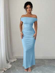 Women's Fitted Party Dress With Off-The-Shoulder Design And Elegant Metallic Details - 白色 - 查看 7