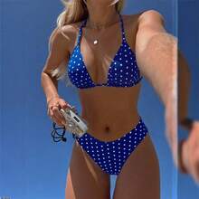 Nuevo conjunto de bikini de dos piezas para mujer, sexy, con cordones, de lunares, negro, para la playa en verano. - Negro - Ver 3