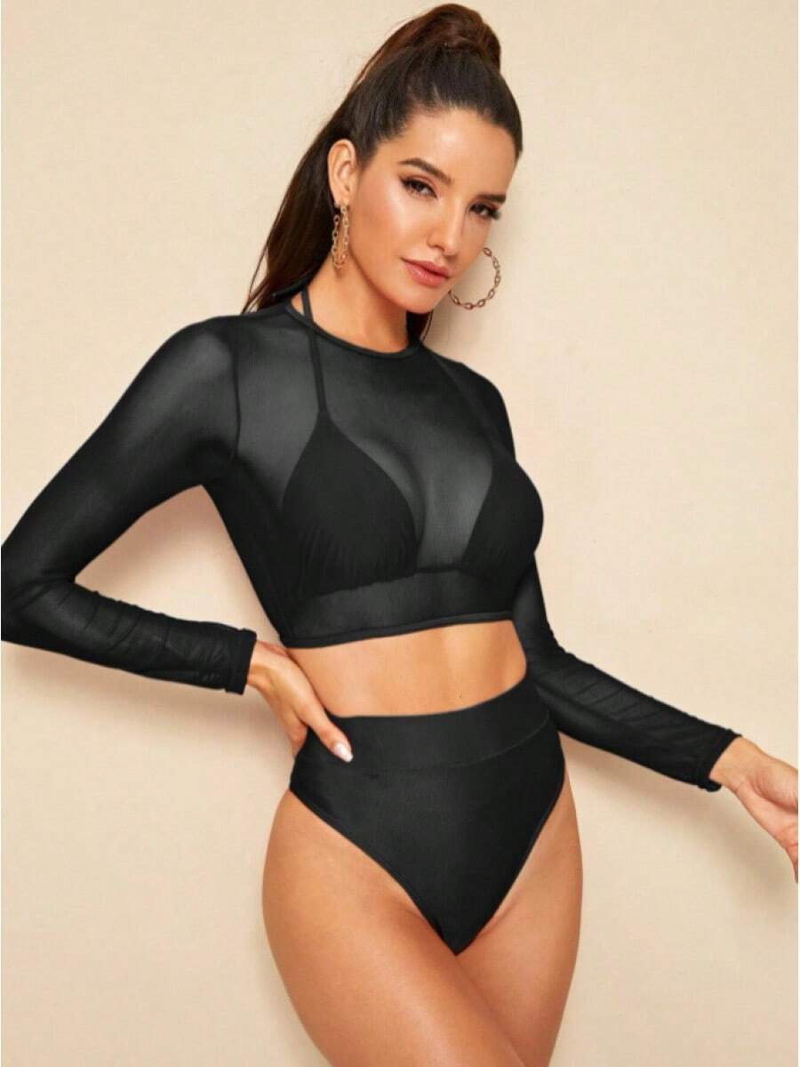 Traje de baño de bikini de malla de manga larga, traje de baño de tres piezas de cintura alta y corte triangular, de cintura alta y efecto adelgazante. - Negro - Ver 1