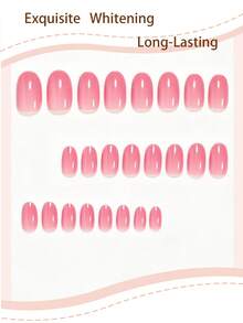 24pcs Short Oval Cute Pink Solid Color Full Coverage Press-On Nails For Women And Girls, Romantic Style, Includes 1 Adhesive Sheet And 1 Mini Nail File, Suitable For Summer Party, Office And Daily Wear, Randomly Shipped - Multicolor - View 2
