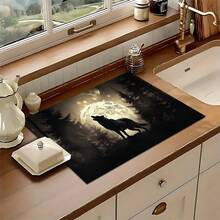 1pc Wolf Pattern Printed Absorbent Dish Drying Mat, Dish Drying Mat, Espresso Machine Countertop Absorbent Mat, Sink Drain Mat, Soft Faucet Absorbent Mat, Sink Cup Mat, Kitchen Supplies, Bathroom Supplies - Multicolor - View 5