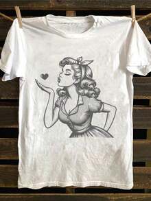1 Vintage T-Shirt With Pin-Up Girl Print Making A Kiss And Heart - Retro Artistic Style, Casual Cotton T-Shirt, Soft And Breathable For Summer - Perfect Gift For Valentine's Day, Anniversary, Or Birthday For Her. 180g 100% Cotton - 白色 - 查看 1