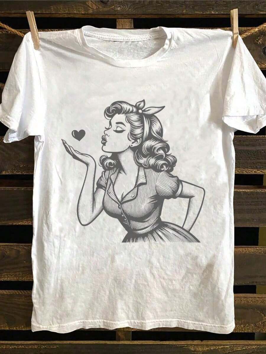 1 Vintage T-Shirt With Pin-Up Girl Print Making A Kiss And Heart - Retro Artistic Style, Casual Cotton T-Shirt, Soft And Breathable For Summer - Perfect Gift For Valentine's Day, Anniversary, Or Birthday For Her. 180g 100% Cotton - 白色 - 查看 1