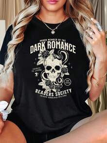 1 Piece Of Women's Round Neck T-Shirt, DARK ROMANCE Casual Print, Elegant And Dark Romantic Style, 180g, 100% Cotton. - 黑色 - 查看 2