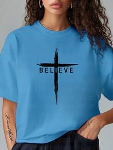 Women's & Men's Casual White T-Shirt With 'Believe' Cross Print, 100% Cotton, Short Sleeve, Crew Neck, Plus Size Regular Fit For All Seasons, 180G Fabric - Various Colors, 'Choir VBS' Christian Faith T-Shirt For Christmas, Thanksgiving, Halloween - 藍色 - 查看 5