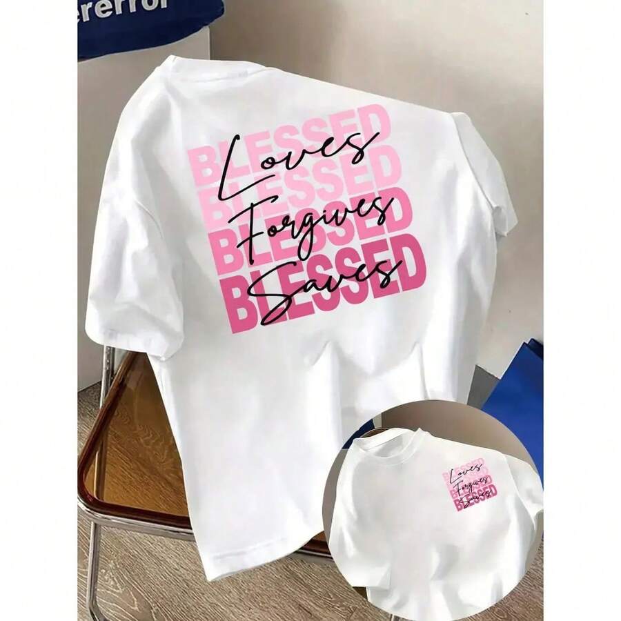 Camiseta de algodón de manga corta para mujer con estampado gráfico "Bendecido, Ama, Perdona, Salva, Fe", camiseta cristiana inspiradora, suave y casual para el verano, ideal para la iglesia, fines de semana y uso diario. - Blanco - Ver 1