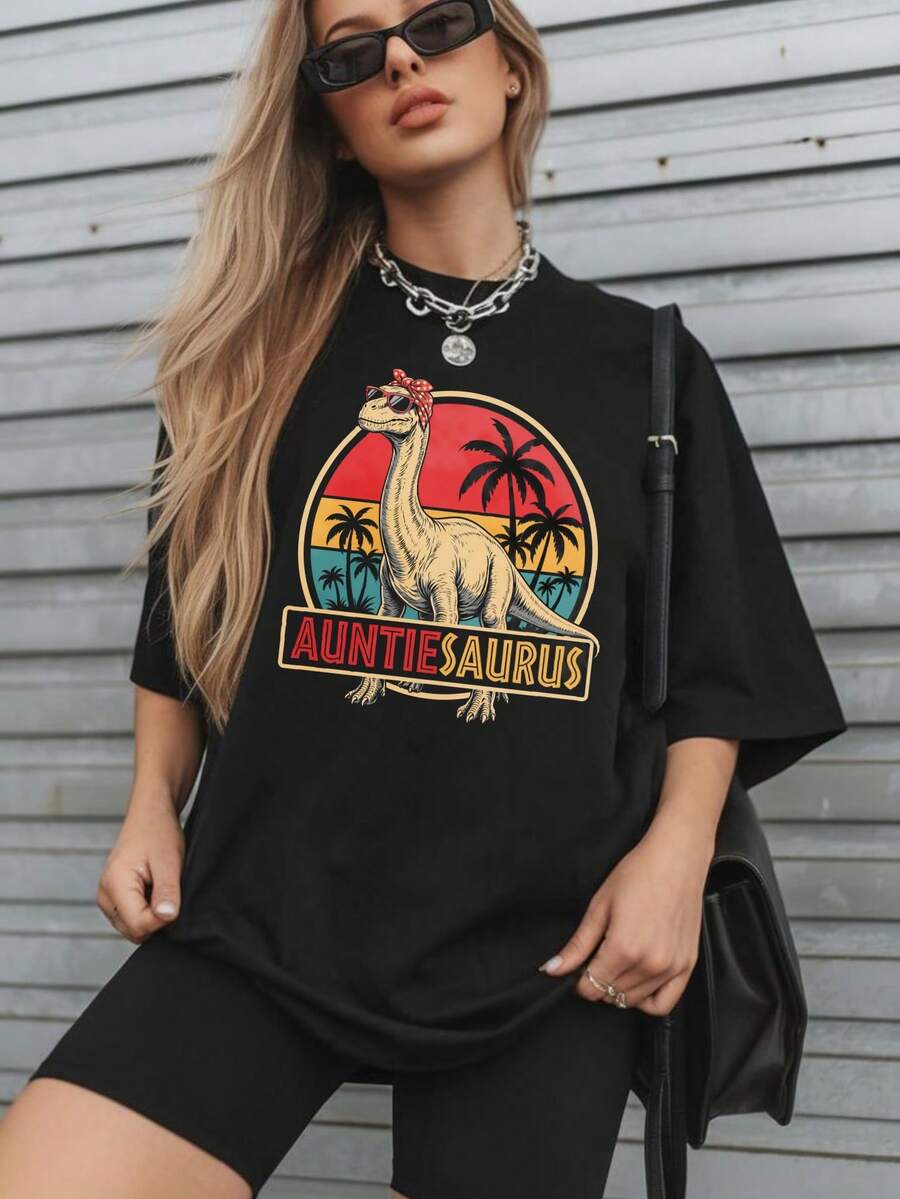 1 Piece Unisex Loose-Fitting Short-Sleeved T-Shirt, Crew Neck, 180g, 100% Pure Cotton, With A Retro Family Dinosaur Print (Grandpasaurus/Grandmasaurus/Sistersaurus) With Sunset And Palm Trees. Y2K Bababask Style, Y-Inspired, Ideal For Summer, Everyday Wear, Festivals, Beach Outfits, Suitable For Plus Sizes And All Year Round. - 黑色3 - 查看 1