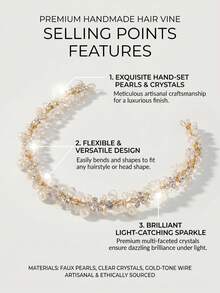 1 pieza Tocado nupcial de perlas y cristales dorados, corona de boda elegante con strass, accesorio para el cabello de boda con strass brillante - Dorado - Ver 3