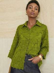 Camisa de manga 7/8 verde oliva, corte minimalista, ajuste holgado, cuello clásico de solapa, cómoda de llevar - Rojo - Ver 10