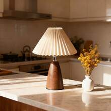 1PC Modern Creative Pleated Table Lamp, Walnut Wood Cone-Shaped Pleated Retro Bedside Lamp With Faux Wood Grain, INS Decorative Atmosphere Lamp, Dimmable, Button Control, Bedroom, Living Room, Office Table Lamp, USB Powered Bedside Lamp - Walnut Conical Table Lamp - Three-color Dimming - View 1