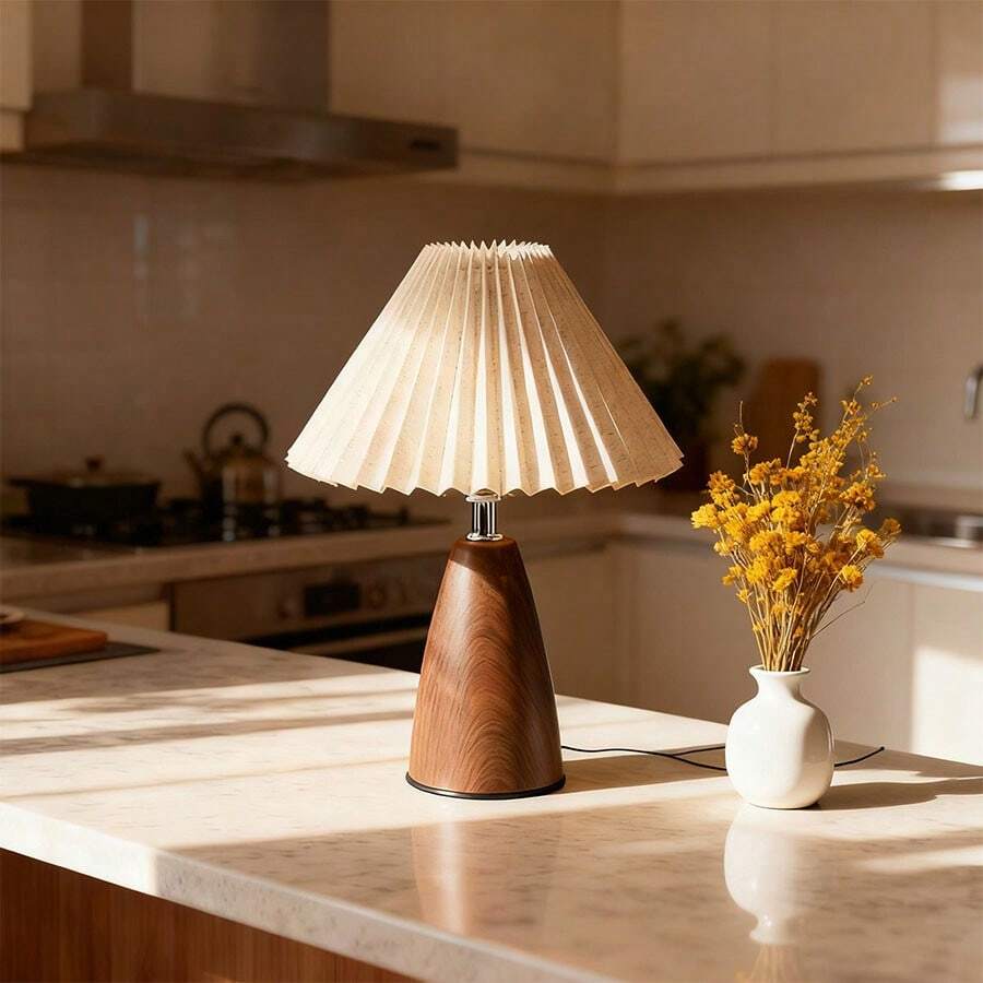 1PC Modern Creative Pleated Table Lamp, Walnut Wood Cone-Shaped Pleated Retro Bedside Lamp With Faux Wood Grain, INS Decorative Atmosphere Lamp, Dimmable, Button Control, Bedroom, Living Room, Office Table Lamp, USB Powered Bedside Lamp - Walnut Conical Table Lamp - Three-color Dimming - View 1