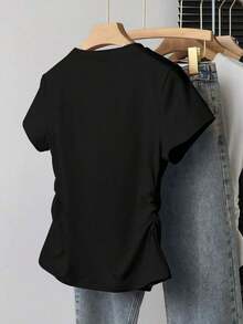 Camiseta de manga corta casual y sencilla para mujer, para uso diario - Negro - Ver 2