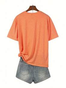 Talla Grande - Talla Grande - Camiseta de Mujer con Estampado de Cara Sonriente y Letras en Degradado de Color, Cuello Redondo, Talla Grande - Naranja - Ver 2