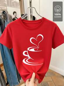 Camiseta de Algodón 100% con Estampado de Corazón de Café y Vapor Negro - Rojo - Ver 4