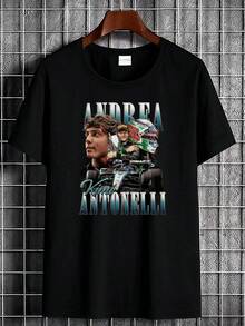 Camisa Andrea Kimi Antonelli, ropa de moda vintage lavada para hombres diseñada para pilotos profesionales italianos, ropa de diseñador casual, suave, elástica, transpirable y cómoda con microestampado, top versátil de estilo urbano, unisex para uso diario. Una camiseta de manga corta adecuada para el hogar, el uso diario, fiestas y viajes, perfecta como regalo para amigos o familiares. - Negro - Ver 1