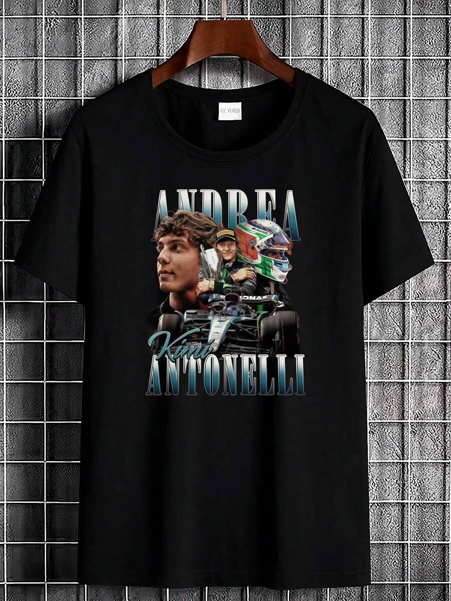Camisa Andrea Kimi Antonelli, ropa de moda vintage lavada para hombres diseñada para pilotos profesionales italianos, ropa de diseñador casual, suave, elástica, transpirable y cómoda con microestampado, top versátil de estilo urbano, unisex para uso diario. Una camiseta de manga corta adecuada para el hogar, el uso diario, fiestas y viajes, perfecta como regalo para amigos o familiares. - Negro - Ver 1