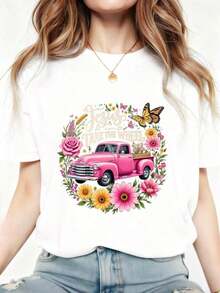 Conjuntos de mujer 2026 Camiseta de mujer 100% estampada |     Estilo retro de calle Y2K, estampado con "Take The Wheel" y patrones florales de remolque, un regalo informal y versátil para las vacaciones, lavable a máquina, cuello redondo, manga regular, camisetas de manga corta de algodón puro para mujer. - Blanco - Ver 1