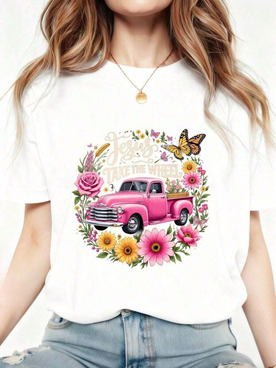Conjuntos de mujer 2026 Camiseta de mujer 100% estampada | Estilo retro de calle Y2K, estampado con "Take The Wheel" y patrones florales de remolque, un regalo informal y versátil para las vacaciones, lavable a máquina, cuello redondo, manga regular, camisetas de manga corta de algodón puro para mujer. - Blanco - Ver 1