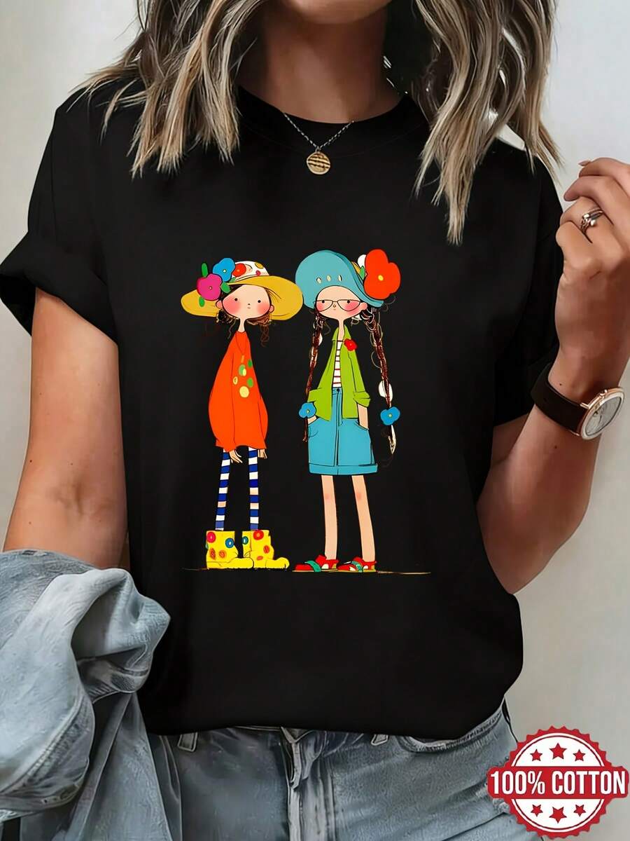 Camiseta de algodón con estampado floral suave para niñas, blusa de verano de manga corta 100% algodón con cuello redondo, linda y juvenil, transpirable para primavera/verano/otoño, adecuada para atuendos casuales y deportivos, blusa de algodón puro de manga corta con cuello redondo para mujer, blusas elegantes para mujer. - Negro - Ver 1