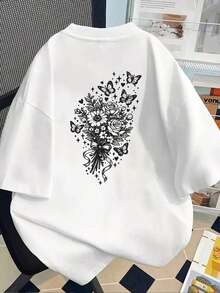 Camiseta de manga corta estampada con diseños florales y de mariposas - Camiseta estampada de primavera/verano para mujer, ¡tu mejor elección! Transpirable y cómoda. - Blanco - Ver 2