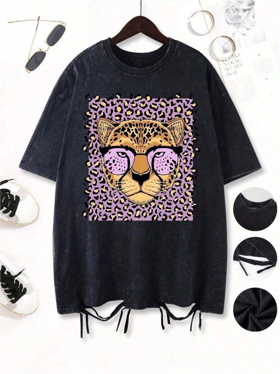 Camiseta Vintage de Mujer con Estampado de Leopardo, Verde Oliva con Puntos Rosados, Estampado Animal, Suave, Transpirable, Corte Holgado, Manga Corta, Cuello Redondo, Estilo Casual Urbano Unisex para Uso Diario en Verano, Lavable a Máquina, Transpirable y Cómoda. - Negro - Ver 1