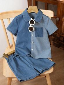 2pcs/Set Young BoyFashionable Contrast Color Design Collared Short Sleeve Denim Shirt And Casual Shorts Set, Summer - Blue - View 1