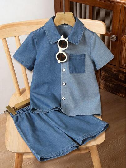 Bộ 2 món cho bé trai, áo sơ mi denim tay ngắn cổ bẻ phối màu tương phản thời trang và quần short casual, thích hợp cho mùa hè.