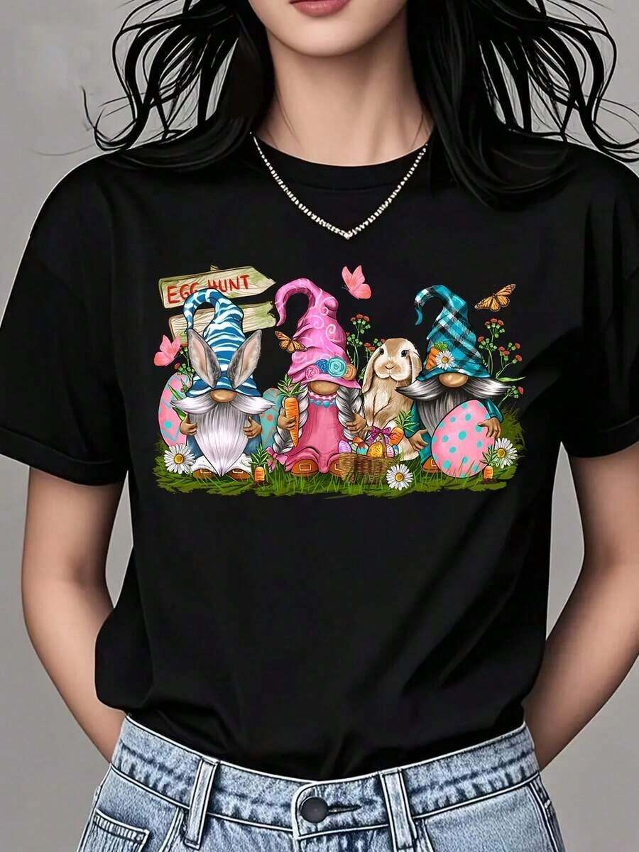 Camiseta Vintage para Mujer con Cuello Redondo, Estampado de Gnomos y Conejitos de Pascua, Manga Corta, Ropa Casual para el Festival de Primavera, Camiseta Gráfica - Negro - Ver 1
