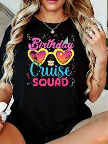 Ropa de talla para mujer, camiseta casual de manga corta para mujer, conjuntos de cumpleaños de talla, camisetas gráficas para mujer, grupo de cumpleaños, disfraz de celebración de cumpleaños, conjuntos de vacaciones para mujer, conjuntos de verano para mujer - Camiseta vintage de estilo callejero unisex, holgada, de algodón, de manga corta y cuello redondo. - Negro - Ver 1