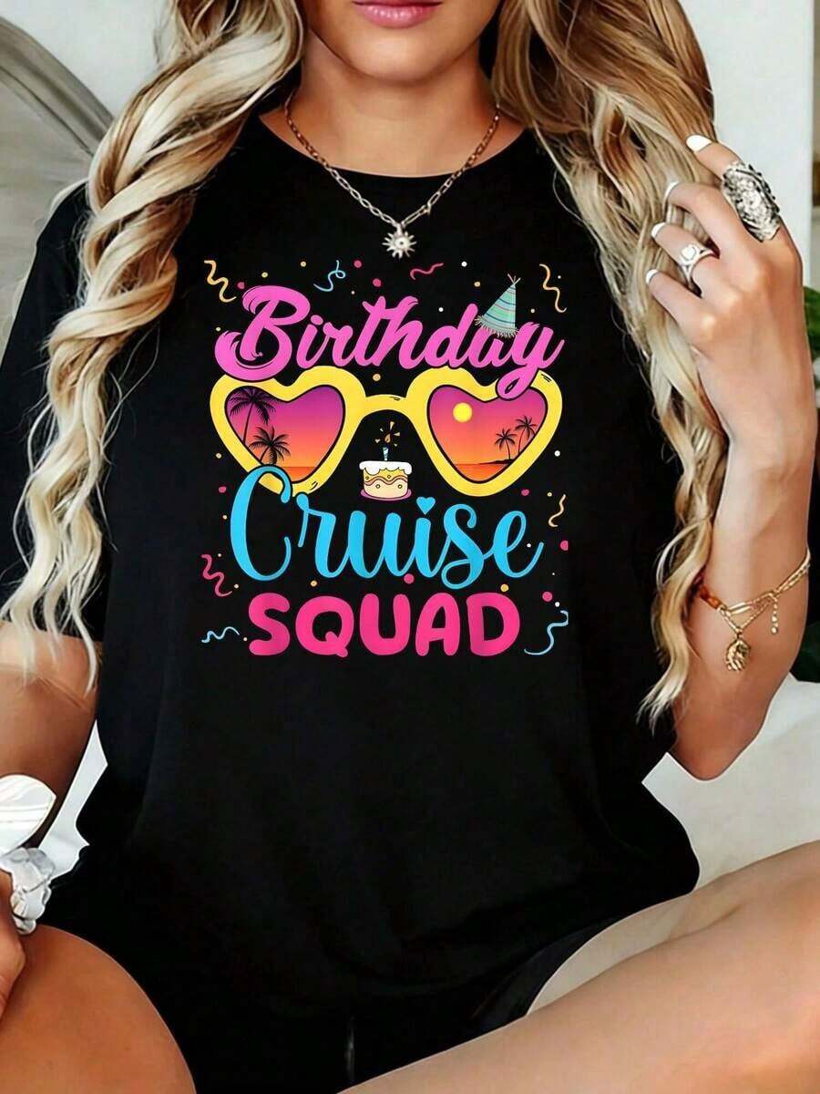 Ropa de talla para mujer, camiseta casual de manga corta para mujer, conjuntos de cumpleaños de talla, camisetas gráficas para mujer, grupo de cumpleaños, disfraz de celebración de cumpleaños, conjuntos de vacaciones para mujer, conjuntos de verano para mujer - Camiseta vintage de estilo callejero unisex, holgada, de algodón, de manga corta y cuello redondo. - Negro - Ver 1