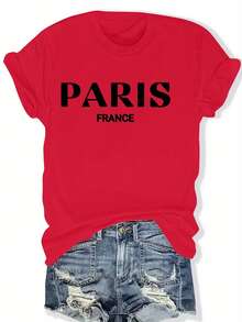 Camiseta Gráfica Oversize para Mujer con Diseño de París, Francia - Camiseta Casual Urbana Gris Claro con Estampado de Letras Audaces, Cuello Redondo, Corte Holgado, Talla Grande, para Primavera/Verano, Lavable a Máquina - Rojo - Ver 1