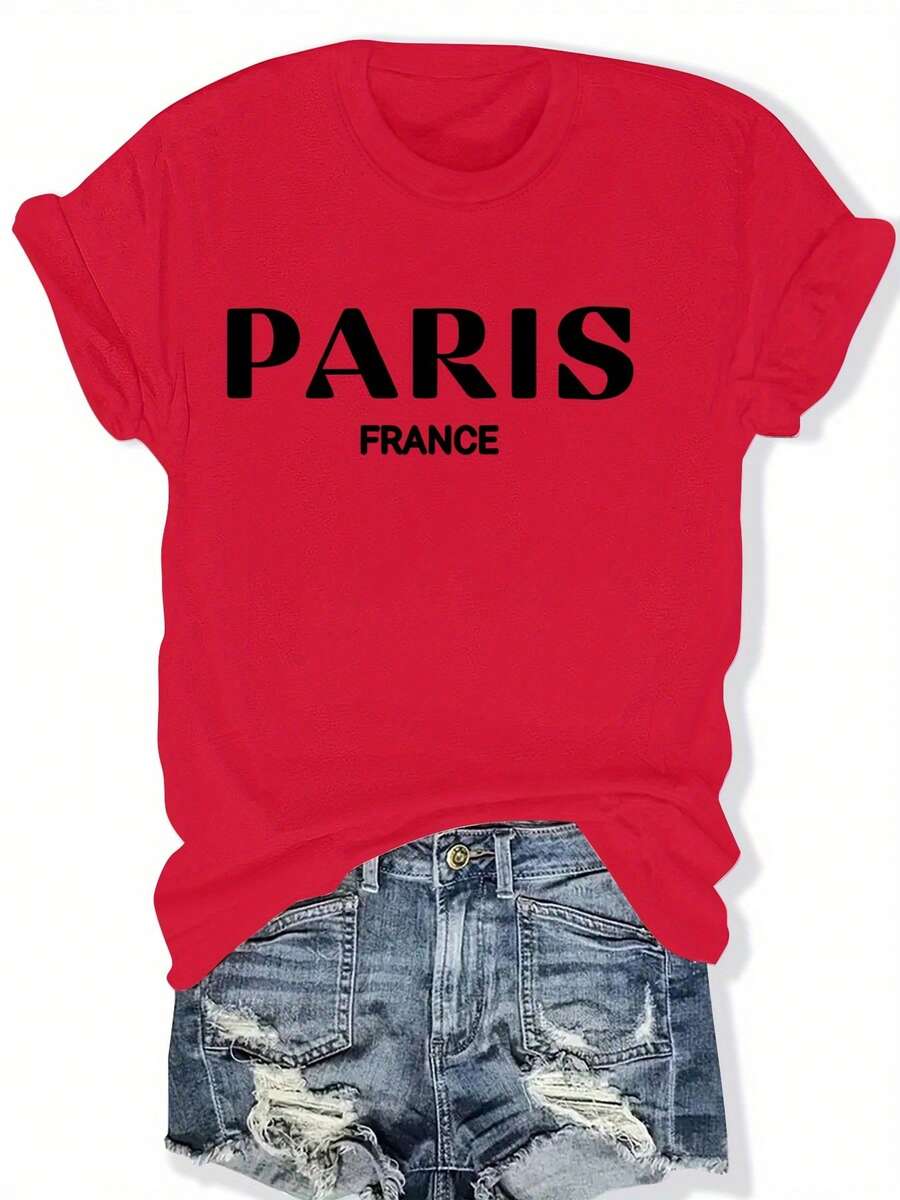 Camiseta Gráfica Oversize para Mujer con Diseño de París, Francia - Camiseta Casual Urbana Gris Claro con Estampado de Letras Audaces, Cuello Redondo, Corte Holgado, Talla Grande, para Primavera/Verano, Lavable a Máquina - Rojo - Ver 1