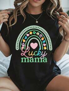 Elegante y casual para mujer, manga corta, camiseta Lucky Mama para el Día de San Patricio con estampado de corazón arcoíris y símbolos, ropa casual blanca para mujer, primavera verano. - Negro - Ver 1
