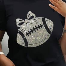 Camiseta de talla grande para mujer - Suave y transpirable, con estampado gráfico de fútbol y lazo brillante, top casual de verano de manga corta y cuello redondo para amantes del deporte - negro - Ver 1