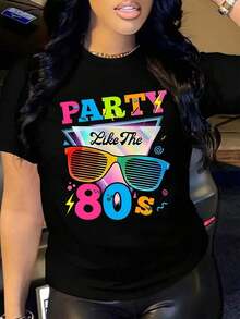 Under The RadarCamiseta de Fiesta con Estampado de Letras Estilo 80's, Top Casual de Manga Corta y Cuello Redondo, Ropa de Mujer-Vintage Street Style Unisex Loose Cotton - Negro - Ver 1