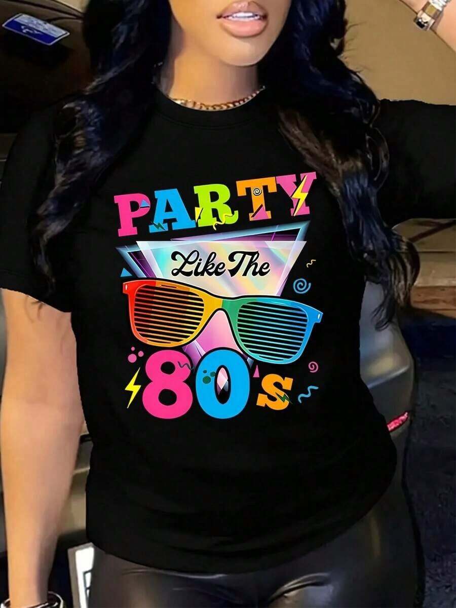 Under The RadarCamiseta de Fiesta con Estampado de Letras Estilo 80's, Top Casual de Manga Corta y Cuello Redondo, Ropa de Mujer-Vintage Street Style Unisex Loose Cotton - Negro - Ver 1
