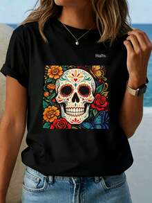 Oferta por tiempo limitado, cantidad limitada disponible,  relámpago, camisas de mujer, camisetas de mujerPlayera Blanca de Mujer con Estampado de Calavera Mexicana Floral y Mariposas, Camiseta Manga Corta Casual, Moda  Día de Muertos 2026, Ropa Ligera y Comoda para Dama, Ideal para Fiestas y Uso Diario - Negro - Ver 4