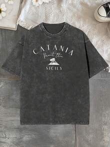 1 T-Shirt Printed With The Image Of Catania, Mount Etna, Sicily, 230g, Washed, Made Of High-Quality Batik Cotton, Vintage Fashion Brand, Suitable Thickness For Summer, Holiday Gift, 180g 100% Cotton. - 黑色 - 查看 7