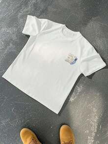 Camiseta de manga corta con estampado digital de doble cara "Call On Jesus", estilo vintage, 1 pieza, para hombre, cuello redondo, 100% algodón, informal, retro, con gráfico religioso. - Blanco - Ver 2