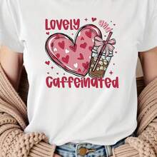 Talla Grande - Talla Grande - Momentos Vibrantes con Tazas de Café con Corazón: Una Camiseta de Cuello Redondo Elegante e Informal para Mujer con Estampados de Corazones y Tazas de Café, Perfecta para el Uso Diario, Compras y Reuniones en Primavera y Verano - blanco - Ver 2