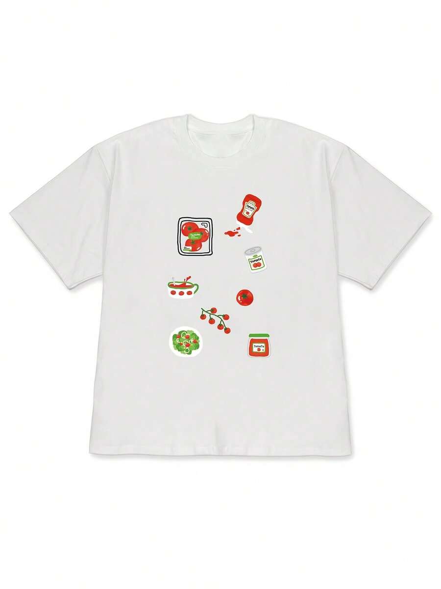 [Alta calidad]Camiseta de manga corta con hombros caídos, ropa de mujer, camiseta con estampado de tomates de temática alimentaria, estilo minimalista, corte holgado con hombros caídos, top de estilo dulce para uso diario en verano. - Blanco - Ver 1
