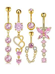 Set de 5 piezas de joyas de perforación en el ombligo de acero inoxidable 316L con forma de corazón, lágrima y mariposa en color plata y rosa, estilo europeo adecuado para uso diario - Anillos de ombligo de 5 piezas - Ver 9