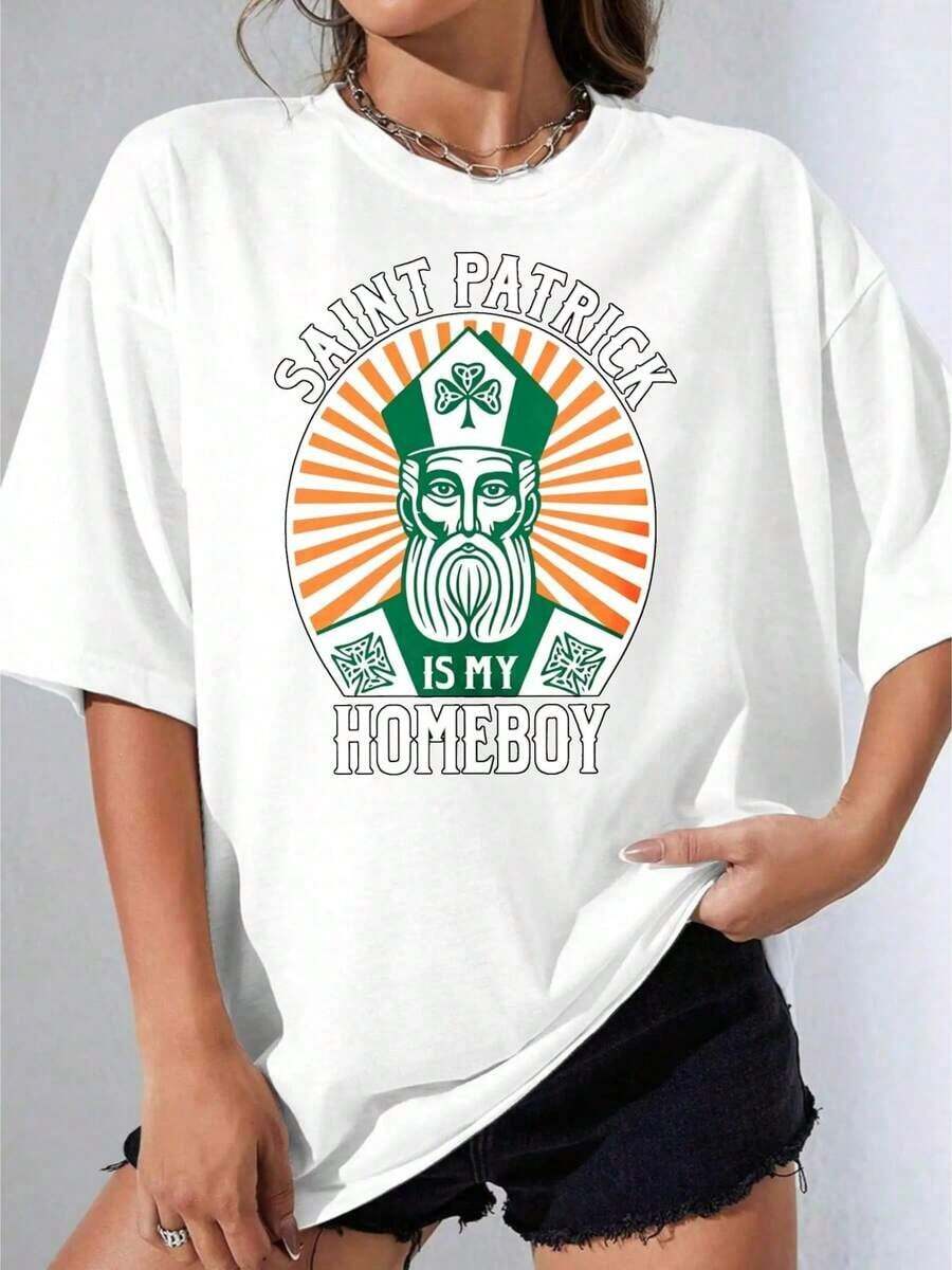 Women's T-Shirts, Casual Short Sleeve Party T-Shirt, "One Saint Patrick Is My Homeboy" White T-Shirt With Shamrock And Sun Ray Design For Saint Patrick's Day Party, 180g - 白色 - 查看 1