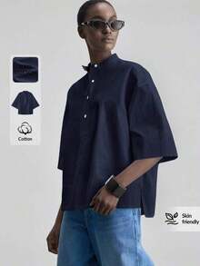 de diseño versátil y casual de serie esencial con sensación de lujo minimalista, con cuello redondo, hombros caídos y diseño suelto, silueta corta por delante y larga por detrás, de estilo urbano moderno y elegante para oficina, ideal para bod - Azul marino - Ver 8