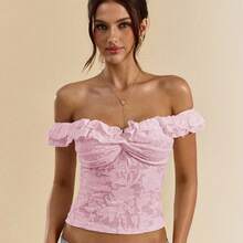 Women's Floral Jacquard Short Sleeve Off The Shoulder Crop Top Ruffle Fitted Tee Shirts - Pink - View 2