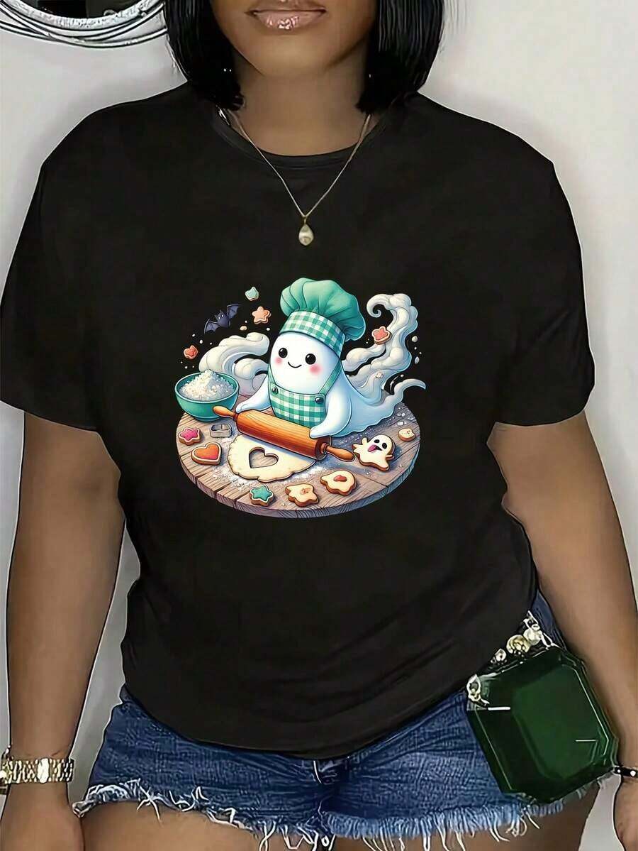 Women's Short Sleeve T-Shirt - Women's Casual Short Sleeve T-Shirt With Fun Pastry Print With Chef Hat And Baking Design, Stretch Fabric, Semi-Sheer Crew Neck Top For All Seasons Comfort (Machine Washable), Outfit, Graphic T-Shirt, Stretch Fabric T-Shirt. - 黑色 - 查看 1
