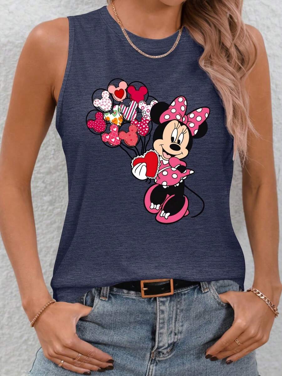 Disney Official Minnie Mouse Sleeveless Vest With Heart-Shaped Balloon And Minnie Pattern, Soft And Breathable, Suitable For Spring, Summer And Autumn, S-XXL Size, Casual Round Neck, Suitable For Daily Wear And Vacation. - Xanh đậm - Xem 1