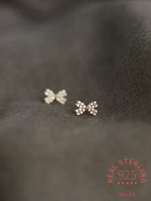 1 Pair 925 Sterling Silver Diamond Mini Bow Shiny Stud Earrings, Versatile All-Match Style - Bow - View 4
