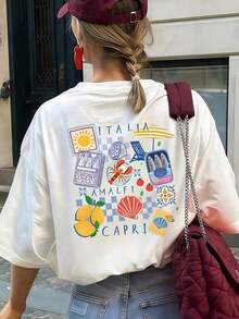 Limited Time Offer, Limited Quantities, Grab Before They're Gone! Women's Shirts And T-Shirts. Casual Short-Sleeved, Loose-Fitting T-Shirt With An Amalfi Coast Print, Summery White. - 白色 - 查看 1