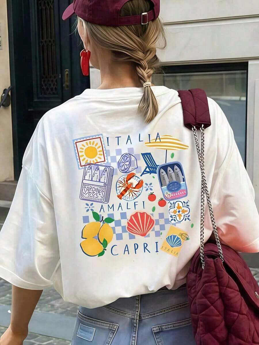 Limited Time Offer, Limited Quantities, Grab Before They're Gone! Women's Shirts And T-Shirts. Casual Short-Sleeved, Loose-Fitting T-Shirt With An Amalfi Coast Print, Summery White. - 白色 - 查看 1